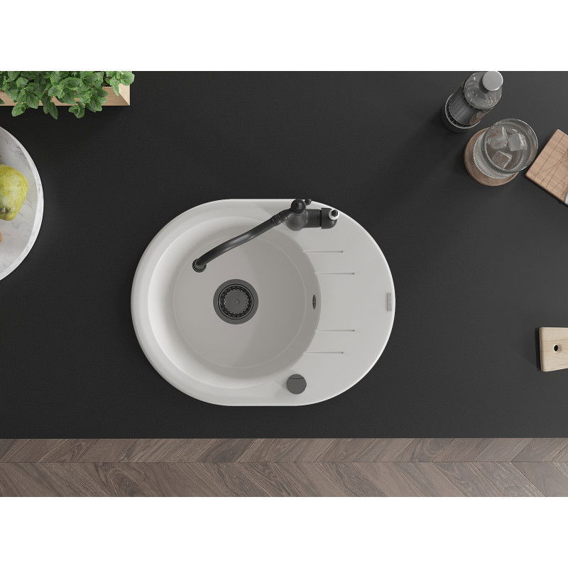 Mexen Kevin fregadero de granito de 1 seno con escurridor y grifo de cocina Carla, blanco - 6517-20-670700-70