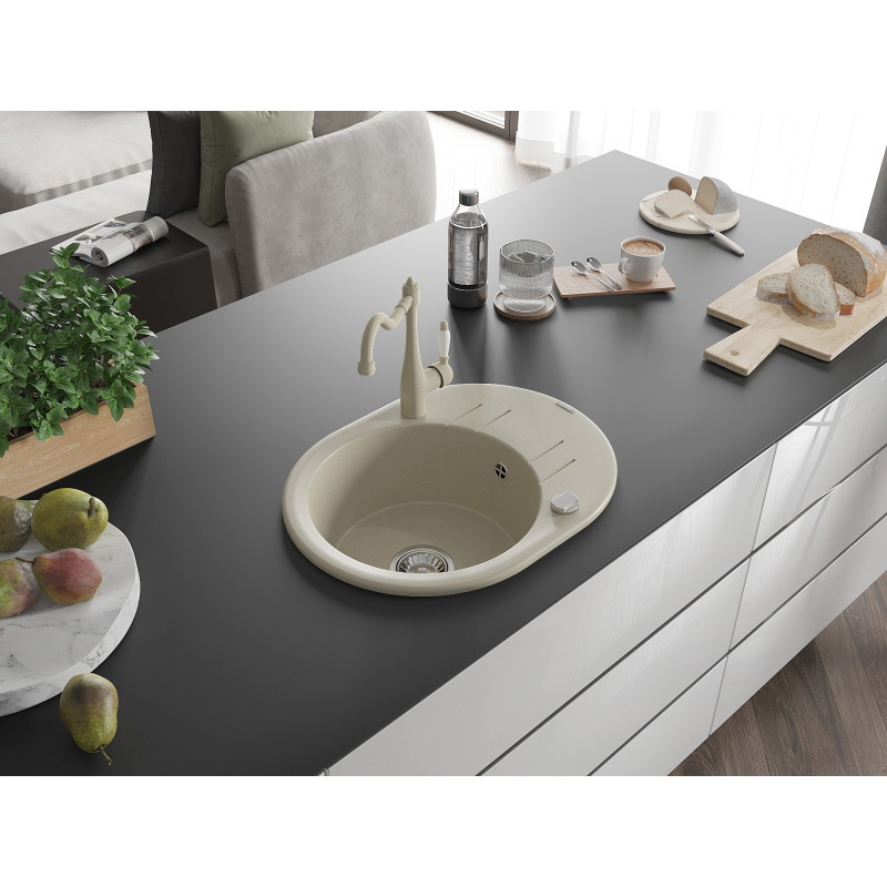 Mexen Kevin lavello in granito con 1 vasca con scolapiatti e rubinetto da cucina Carla, beige - 6517-69-670700-69