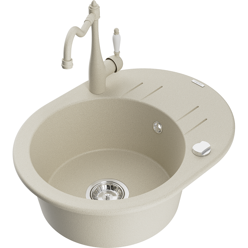 Mexen Kevin fregadero de granito de 1 cubeta con escurridor y grifo de cocina Carla, beige - 6517-69-670700-69