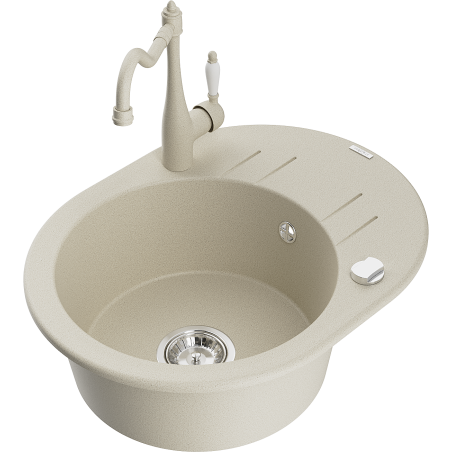 Mexen Kevin 1-bowl granite sink with drainer and Carla kitchen tap, beige - 6517-69-670700-69