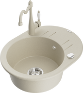 Mexen Kevin granite kitchen sink single-bowl with drainer and kitchen faucet Carla, beige - 6517-69-670700-69