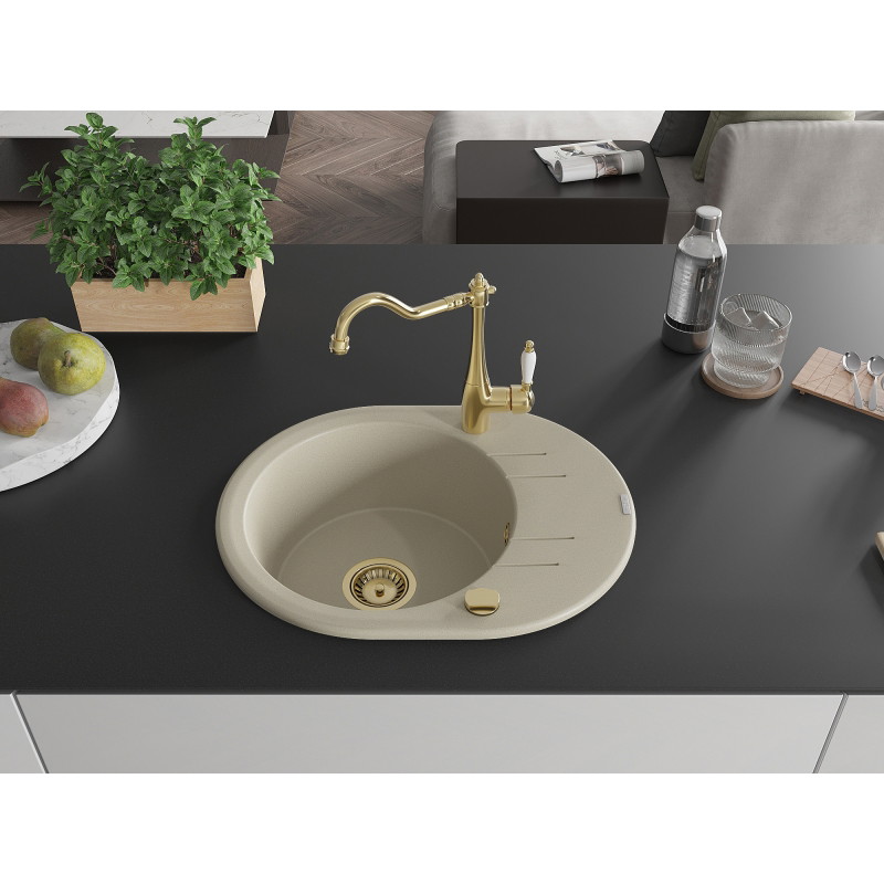 Mexen Kevin fregadero de granito de 1 compartimento con escurridor y grifo de cocina Carla, beige - 6517-69-670700-50
