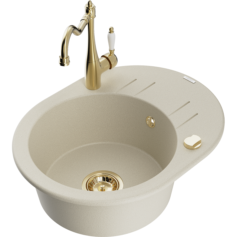 Mexen Kevin fregadero de granito de 1 cubeta con escurridor y grifo de cocina Carla, beige - 6517-69-670700-50