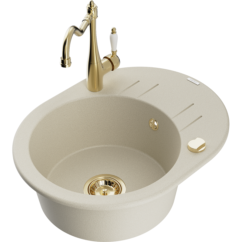 Mexen Kevin granite sink 1-bowl with drainer and Carla kitchen tap, beige - 6517-69-670700-50