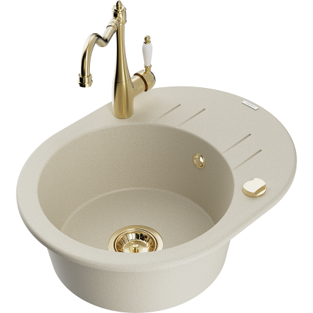 Mexen Kevin granite sink 1-bowl with drainer and Carla kitchen tap, beige - 6517-69-670700-50
