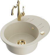Mexen Kevin granite sink 1-bowl with drainer and Carla kitchen tap, beige - 6517-69-670700-50