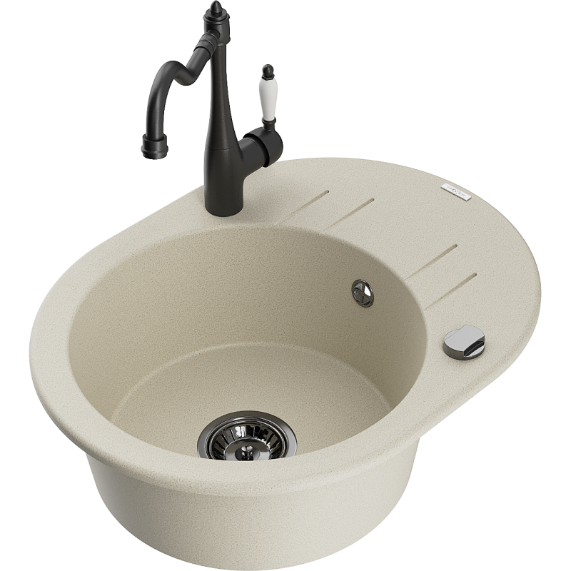 Mexen Kevin lava-loiça de granito de 1 bacia com escorredor e torneira de cozinha Carla, bege - 6517-69-670700-70