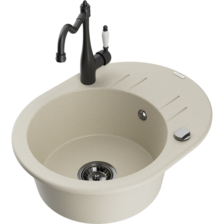 Mexen Kevin évier en granit à 1 bac avec égouttoir et robinet de cuisine Carla, beige - 6517-69-670700-70