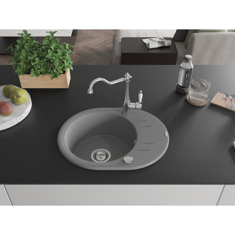 Mexen Kevin granitische spoelbak met 1 bak en afdruiprek en keukenmengkraan Carla, grijs - 6517-71-670700-00