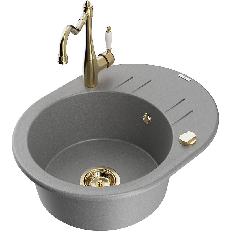 Mexen Kevin granite sink 1-bowl with drainer and Carla kitchen tap, grey - 6517-71-670700-50