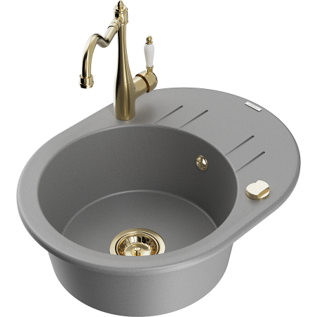 Mexen Kevin granite sink 1-bowl with drainer and Carla kitchen tap, grey - 6517-71-670700-50