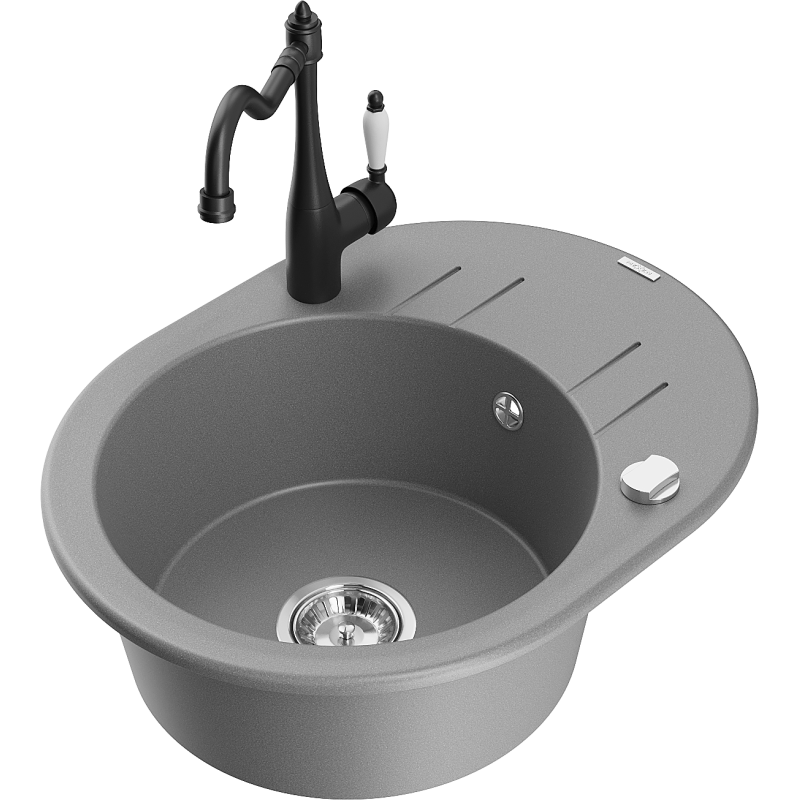 Mexen Kevin granite kitchen sink 1-bowl with drainer and Carla kitchen tap, grey - 6517-71-670700-70