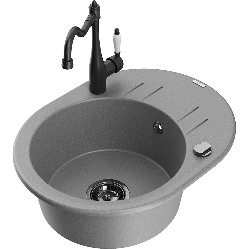 Mexen Kevin granit-ënnenausgericht Spullsteen mat 1-Kummer mat Drainboard a Kichendëppe - Carla, gro - 6517-71-670700-70-B