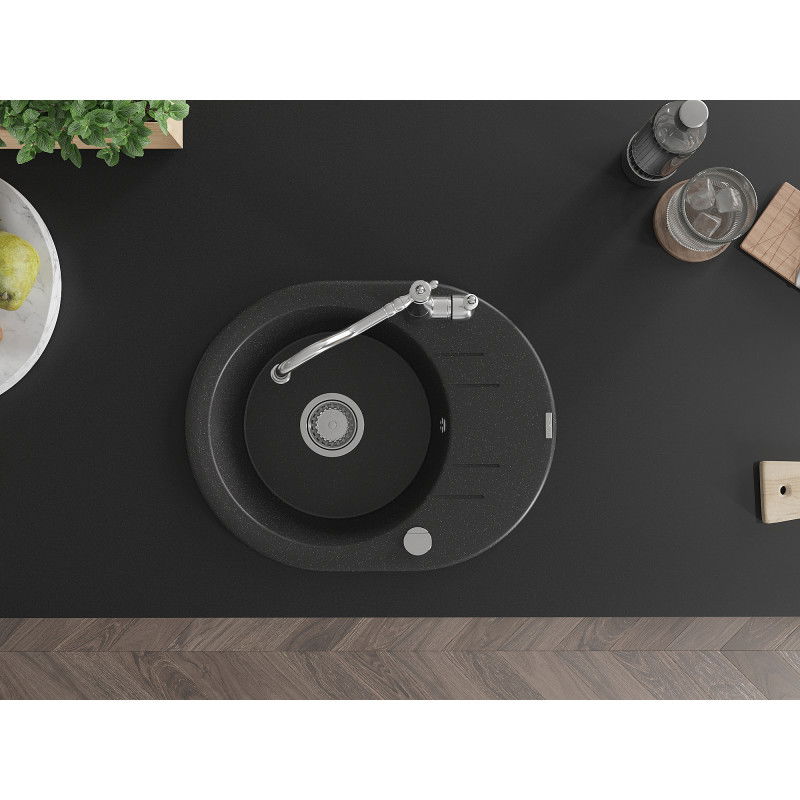 Mexen Kevin fregadero de granito de 1 seno con escurridor y grifo de cocina Carla, negro/plateado metálico - 6517-73-670700-00