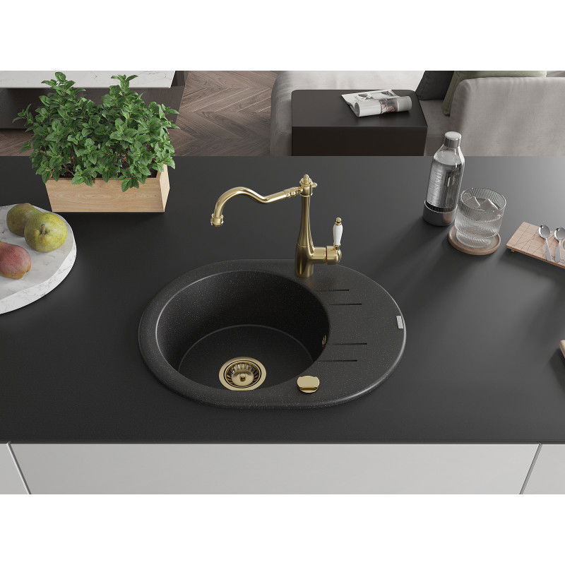 Mexen Kevin granite sink, 1-basin with drainer and Carla kitchen tap, black/silver metallic - 6517-73-670700-50