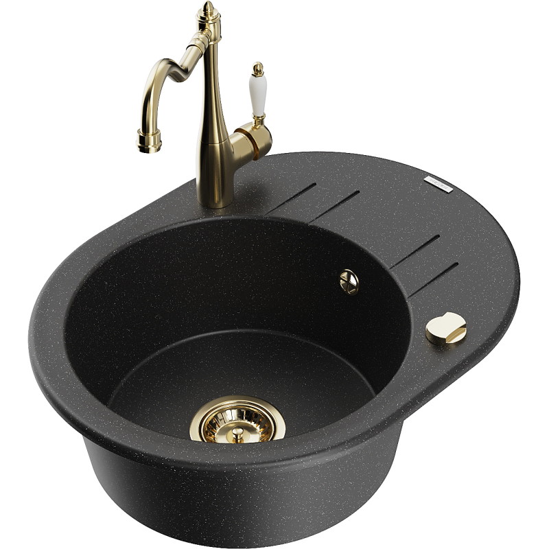 Mexen Kevin 1-komorige granieten gootsteen met afdruiprek en keukenkraan Carla, zwart/zilver metallic - 6517-73-670700-50