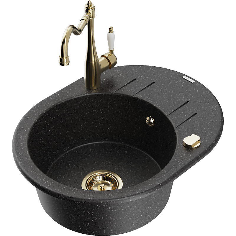 Mexen Kevin fregadero de granito de 1 seno con escurridor y grifo de cocina Carla, negro/plateado metálico - 6517-73-670700-50