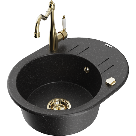 Mexen Kevin granite sink, 1-basin with drainer and Carla kitchen tap, black/silver metallic - 6517-73-670700-50