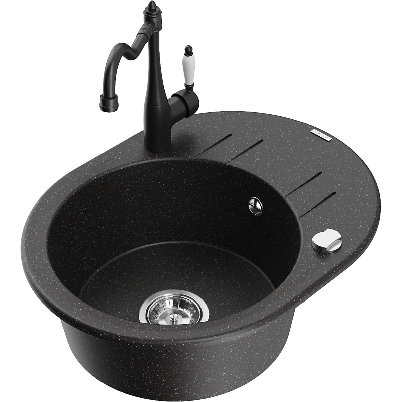 Mexen Kevin 1-bowl granite sink with drainer and kitchen tap Carla, black/silver metallic - 6517-73-670700-70