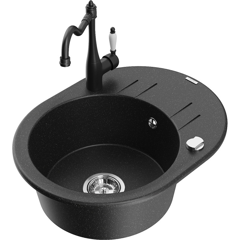 Mexen Kevin fregadero de granito de 1 cubeta con escurridor y grifo de cocina Carla, negro/plateado metálico