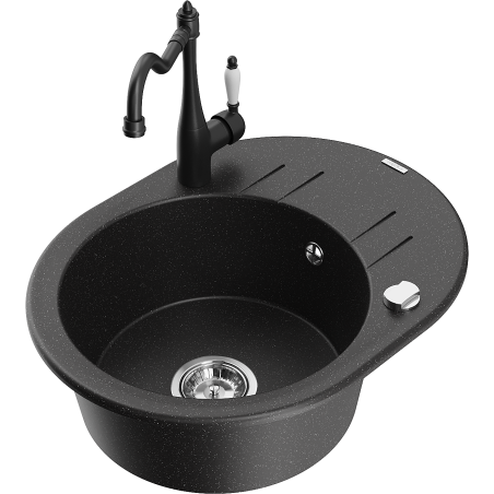 Mexen Kevin 1-bowl granite sink with drainer and Carla kitchen faucet, black/silver metallic - 6517-73-670700-70