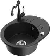 Mexen Kevin fregadero de granito 1 senos con escurridor y grifo de cocina Carla, negro/plateado metálico - 6517-73-670700-70