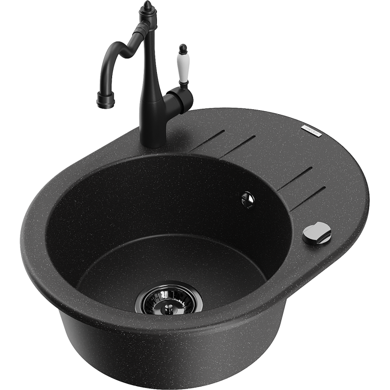 Mexen Kevin granitisk diskbänk 1-kammare med avrinning och köksblandare Carla, svart/silver metallic - 6517-73-670700-70-B