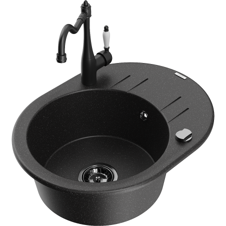 Mexen Kevin fregadero de granito de 1 compartimento con escurridor y grifo de cocina Carla, negro/plateado metálico