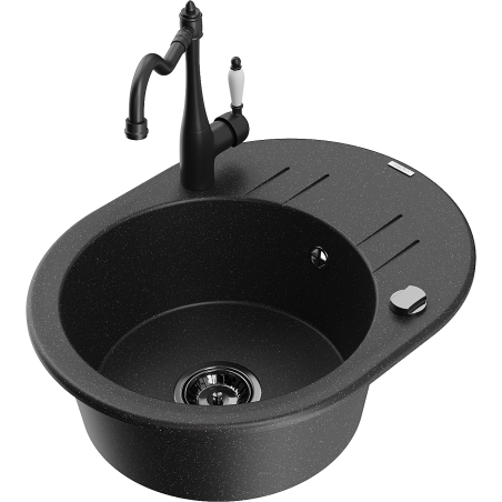 Mexen Kevin Granitspüle 1-Becken mit Abtropffläche und Küchenarmatur Carla, schwarz/silber metallisch - 6517-73-670700-70-B