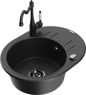 Mexen Kevin Granite Sink 1-Bowl with Drainer and Carla Kitchen Tap, Black/Silver Metallic - 6517-73-670700-70-B