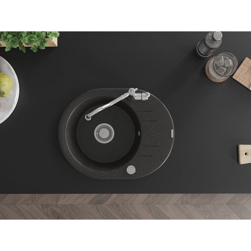 Mexen Kevin Granitspüle 1-becken mit Abtropffläche und Küchenarmatur Carla, schwarz/gold metallic - 6517-75-670700-00