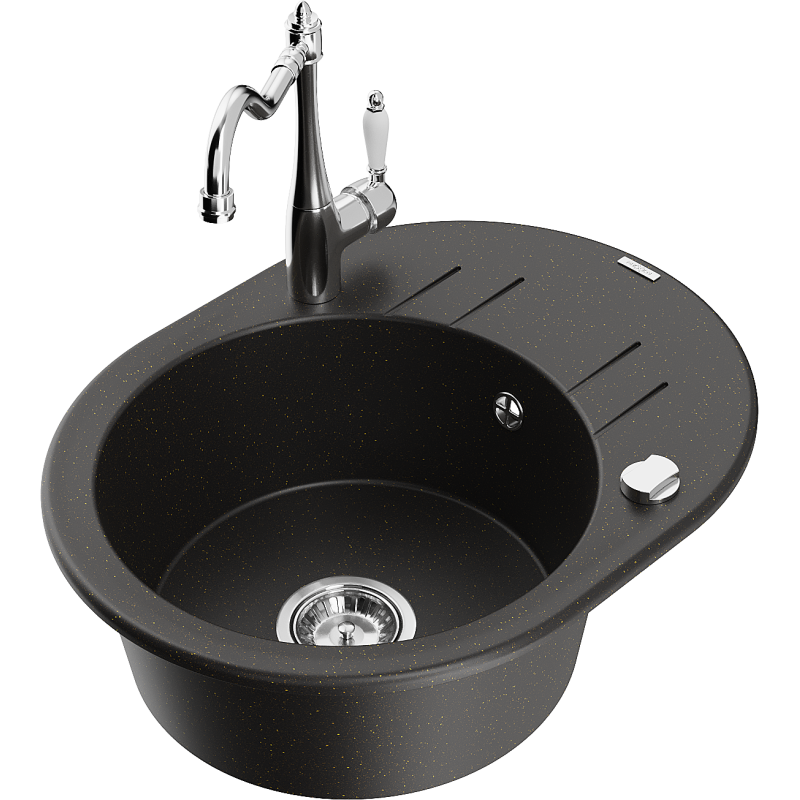 Mexen Kevin granitdiskho med 1 fack och avrinning och köksblandare Carla, svart/guld metallic - 6517-75-670700-00