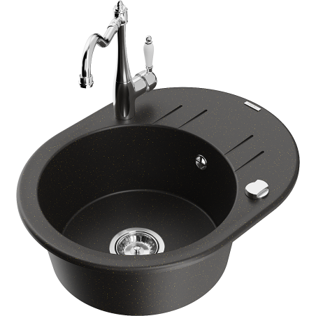 Mexen Kevin single-bowl granite sink with drainer and Carla kitchen tap, black/gold metallic - 6517-75-670700-00