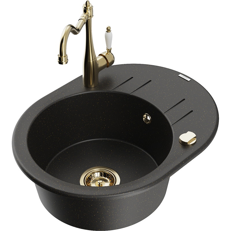 Mexen Kevin fregadero de granito de 1 compartimiento con escurridor y grifo de cocina Carla, negro/dorado metalizado