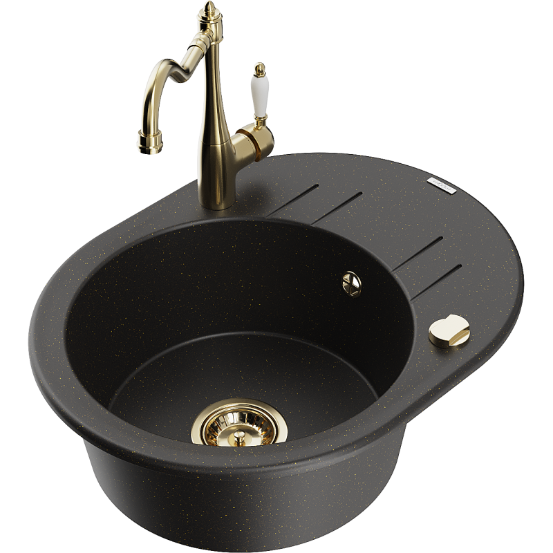 Mexen Kevin lavello in granito a 1 vasca con gocciolatoio e miscelatore cucina Carla, nero/metallo dorato - 6517-75-670700-50