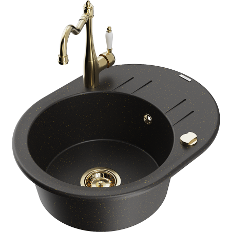 Mexen Kevin fregadero de granito de 1 seno con escurridor y grifo de cocina Carla, negro/dorado metálico - 6517-75-670700-50