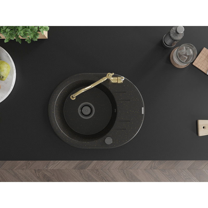 Mexen Kevin fregadero de granito de 1 seno con escurridor y grifo de cocina Carla, negro/oro metálico - 6517-75-670700-50-B
