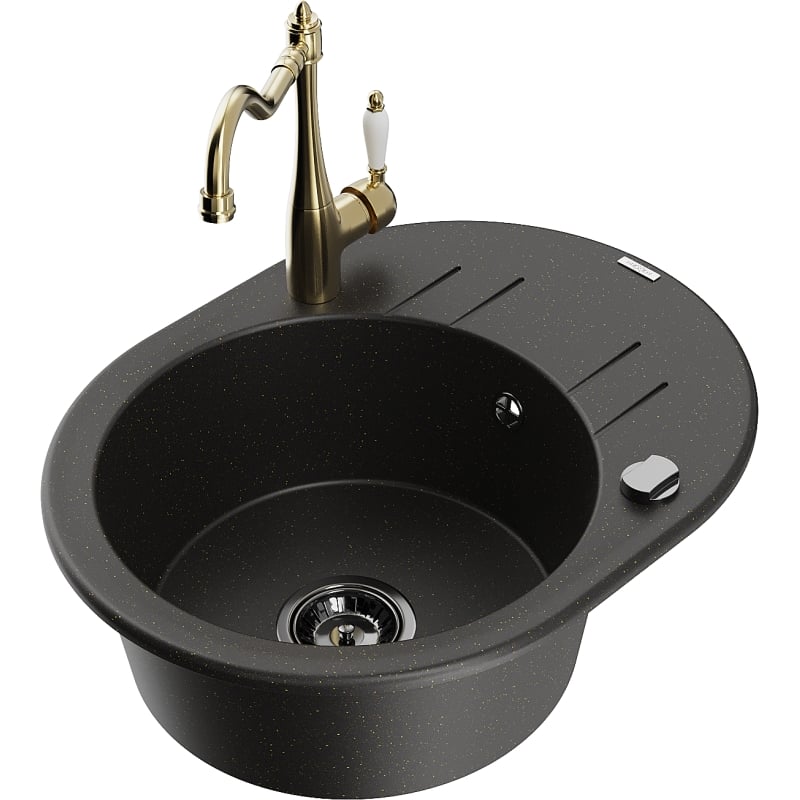 Mexen Kevin 1-bowl granite sink with drainer and Carla kitchen faucet, black/gold metallic - 6517-75-670700-50-B