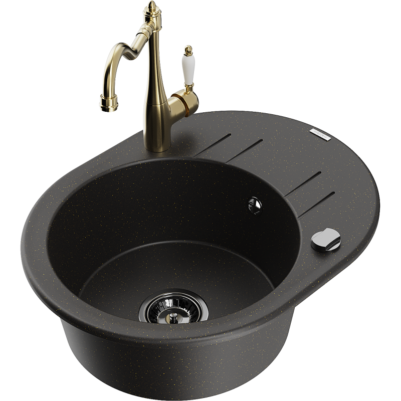 Mexen Kevin vienas granīta izlietnes nodalījums ar noteces un virtuves jaucējkrānu Carla, melns/zeltīta metāliks