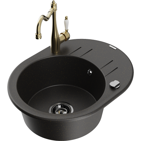 Mexen Kevin granieten spoelbak 1-komors met afdruiprek en keukenkraan Carla, zwart/goud metallic - 6517-75-670700-50-B