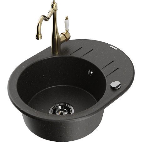 Mexen Kevin vienas granīta izlietnes nodalījums ar noteces un virtuves jaucējkrānu Carla, melns/zeltīta metāliks