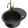 Mexen Kevin 1-bowl granite sink with drainer and Carla kitchen faucet, black/gold metallic - 6517-75-670700-50-B