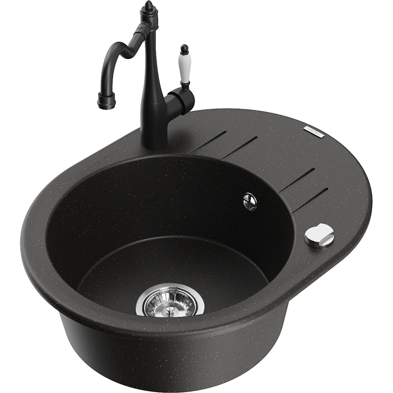 Mexen Kevin lava-loiça de granito de 1 cuba com escorredor e torneira de cozinha Carla, preto/dourado metalizado