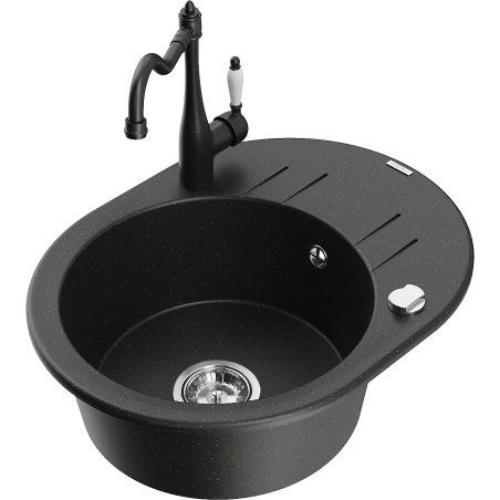 Mexen Kevin fregadero de granito de 1 compartimento con escurridor y grifo de cocina Carla, negro/oro metálico
