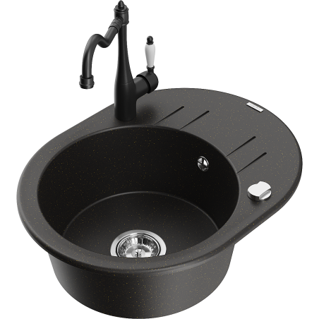 Mexen Kevin granite sink 1-bowl with drainer and kitchen faucet Carla, black/gold metallic - 6517-75-670700-70