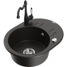 Mexen Kevin granite sink 1-bowl with drainer and kitchen faucet Carla, black/gold metallic - 6517-75-670700-70