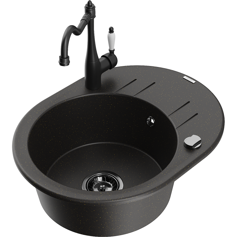 Mexen Kevin lava-loiça de granito com uma bacia, escorredor e torneira de cozinha Carla, preto/dourado metálico