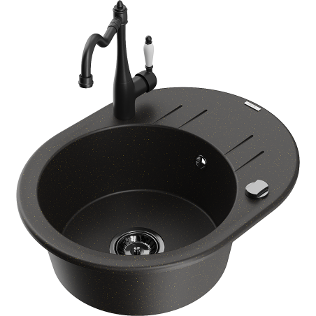 Mexen Kevin évier en granit 1 bac avec égouttoir et robinet de cuisine Carla, noir/métallisé doré - 6517-75-670700-70-B