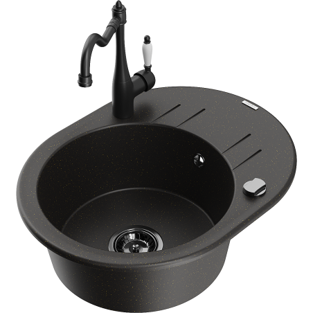 Mexen Kevin granite kitchen sink, 1-bowl with drainer and Carla kitchen tap, black/gold metallic - 6517-75-670700-70-B