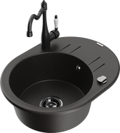 Mexen Kevin granite kitchen sink 1-bowl with drainer and kitchen faucet Carla, black/golden metallic - 6517-75-670700-70-B